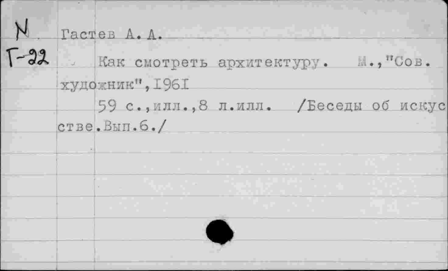 ﻿Как смотреть архитектуру. 1Л.,"Сов. художник",1961
59 с.,илл.,8 л.илл. /Беседы об искус стве.Вып.6./